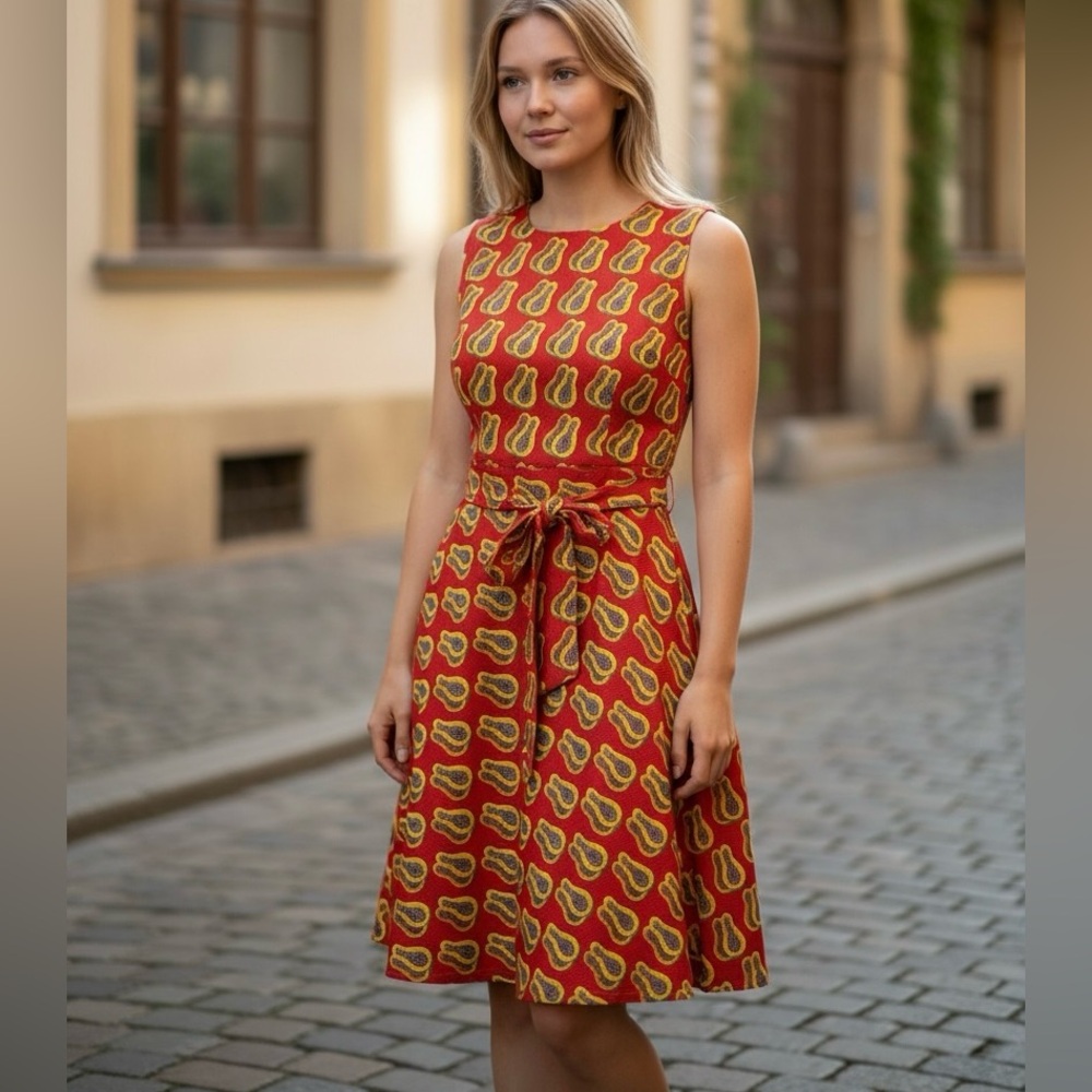 Fun Dress Travel/Work/Casual  Papaya Print Sleeveless A-Line Swing Dress W/ Belt